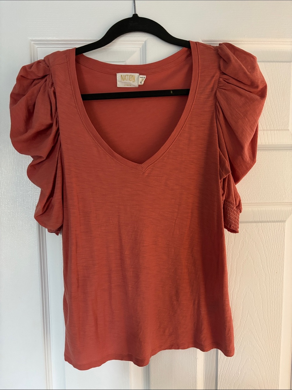 Nation LTD Rust V-Neck Puff Sleeve Top